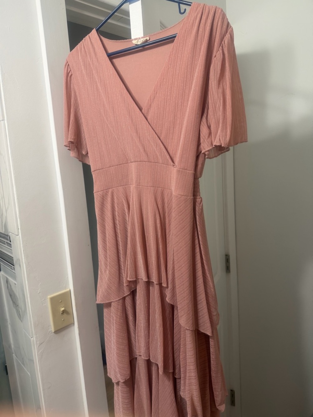 Tiered V-Neck Flutter Sleeve Dress in Dusty Rose